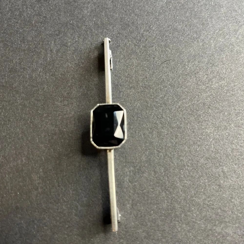 Vintage Sterling Silver .835 Black Onyx Stone Bar Brooch Stick Pin Scarf Necktie